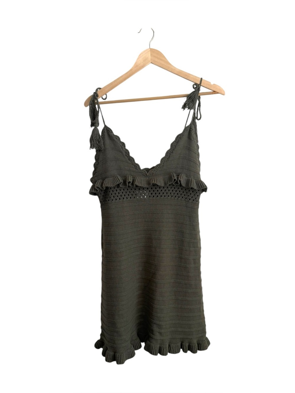 Darah Dahl Olive Green Crochet Knit Dress Tie Strap Ruffle Boho Size L
